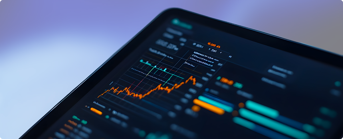 Dashboard mockup of stock data displayed in teal, orange and blue on a tablet.